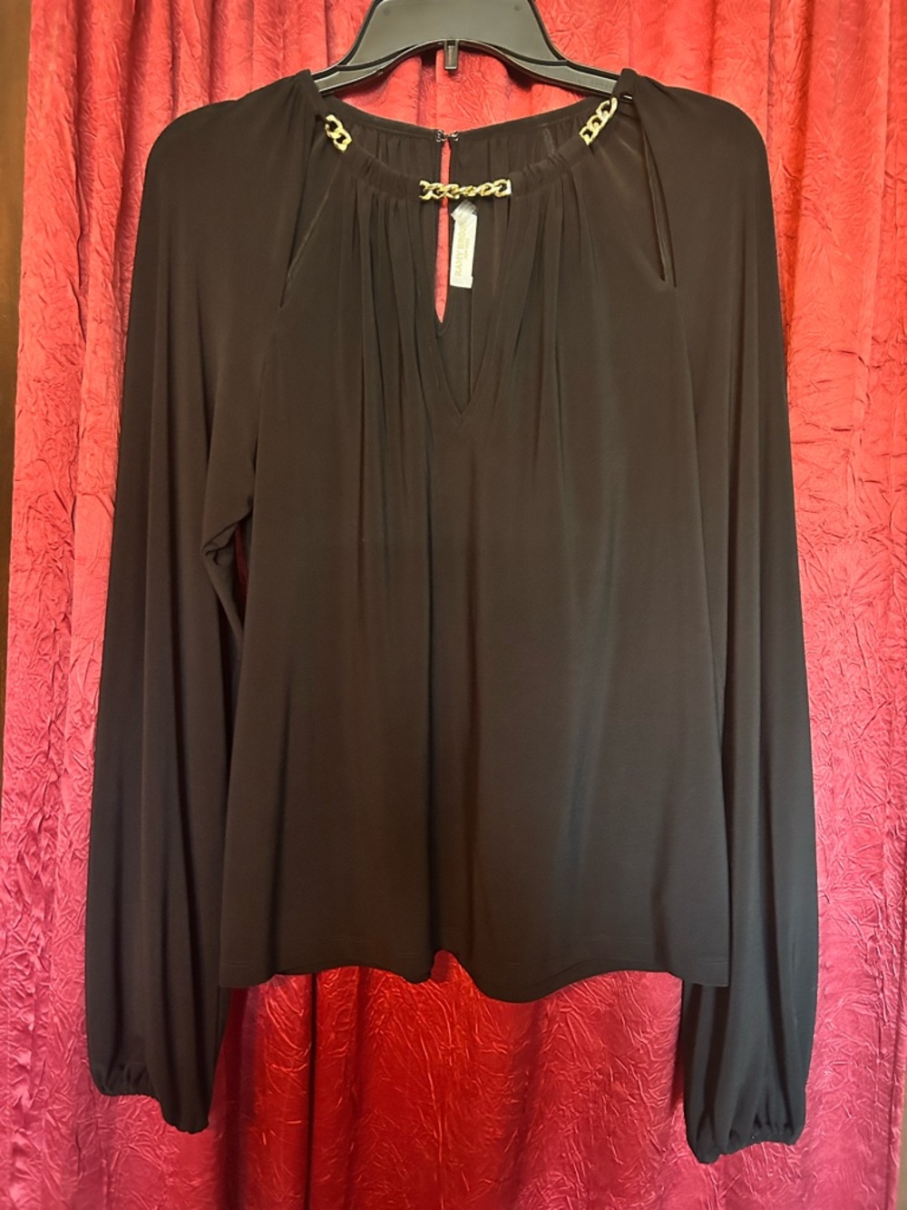 Ramy Brook Black Long-Sleeve Top with Gold Chain Detail